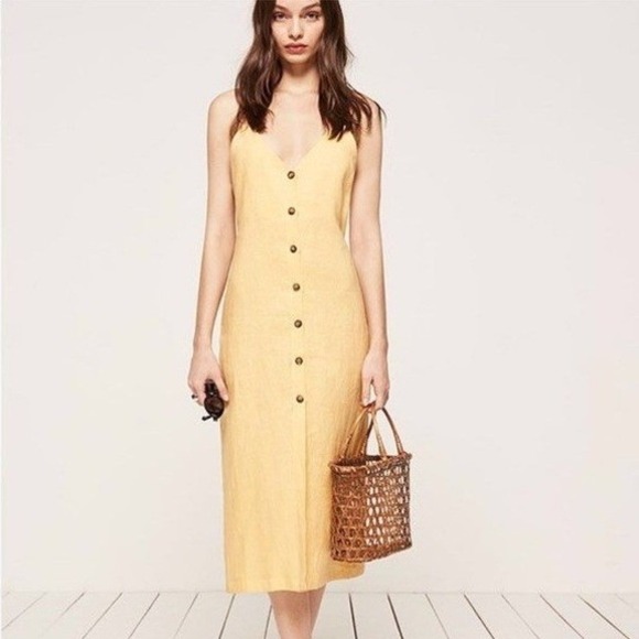 Reformation Dresses & Skirts - Reformation Mahalo Dress Midi Button Front Linen Blend Yellow Extra Small